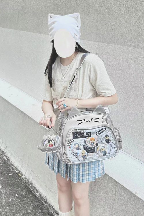 Silver Y2K Cat Backpack with Clear Window for Plushies and Pins