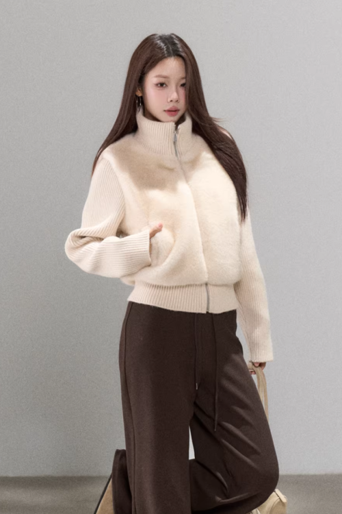 Stand Collar Fur Knit Jacket