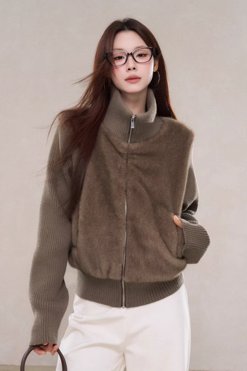 Stand Collar Fur Knit Jacket