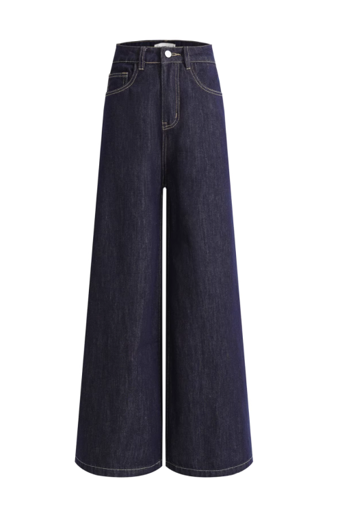 Stand Collar Knit Cardigan / Wide Denim Pants