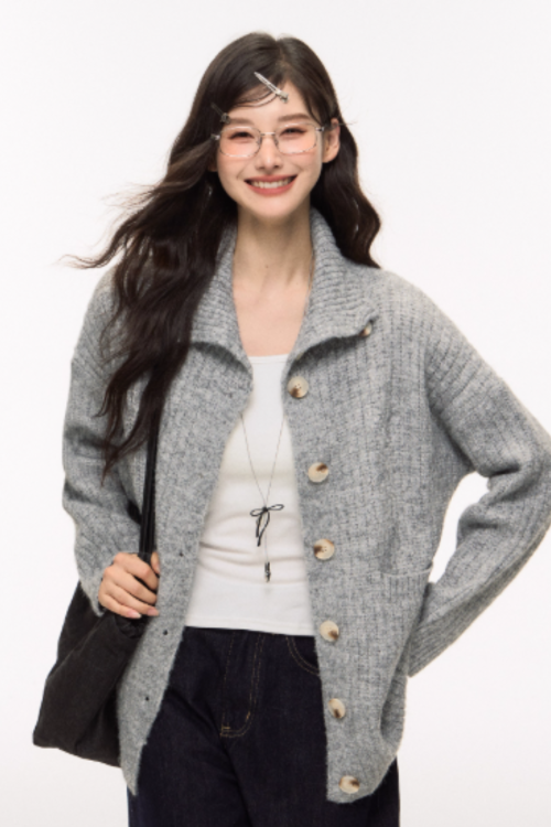 Stand Collar Knit Cardigan / Wide Denim Pants