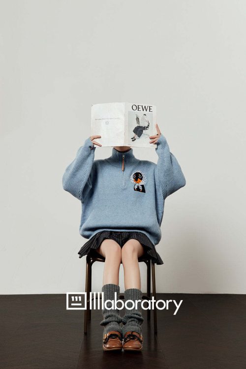 Stand Collar Knit Top / Striped Mini Skirt