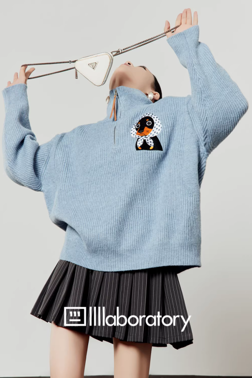 Stand Collar Knit Top / Striped Mini Skirt