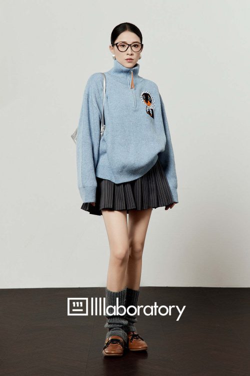 Stand Collar Knit Top / Striped Mini Skirt