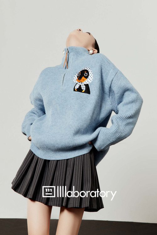 Stand Collar Knit Top / Striped Mini Skirt