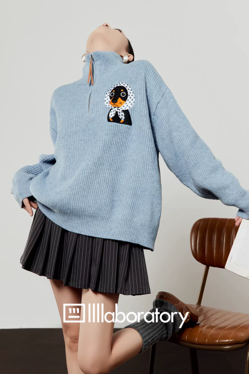 Stand Collar Knit Top / Striped Mini Skirt