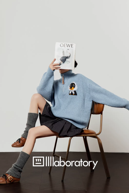 Stand Collar Knit Top / Striped Mini Skirt