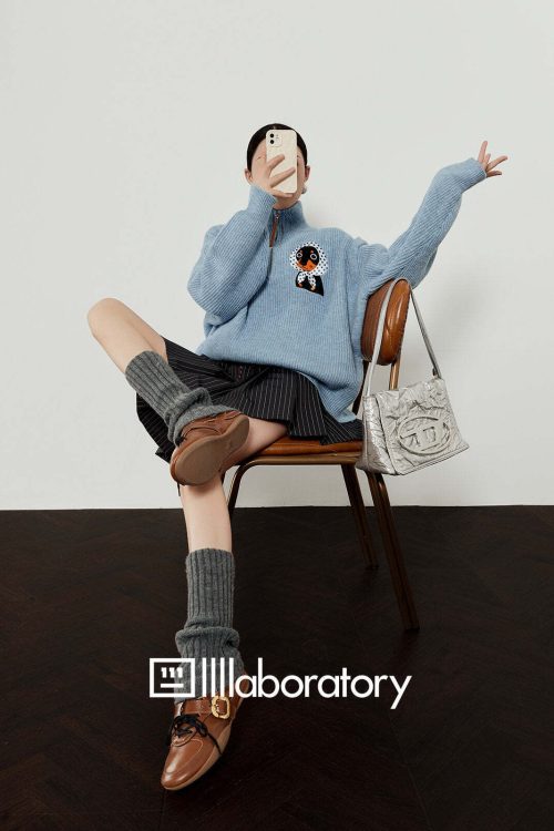 Stand Collar Knit Top / Striped Mini Skirt