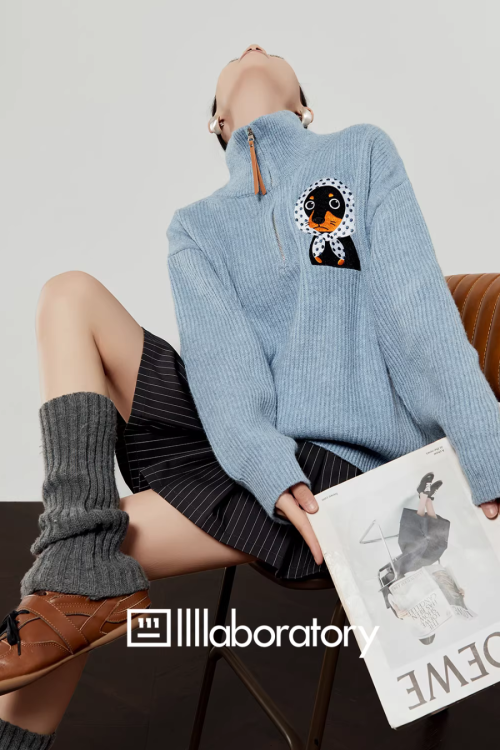 Stand Collar Knit Top / Striped Mini Skirt