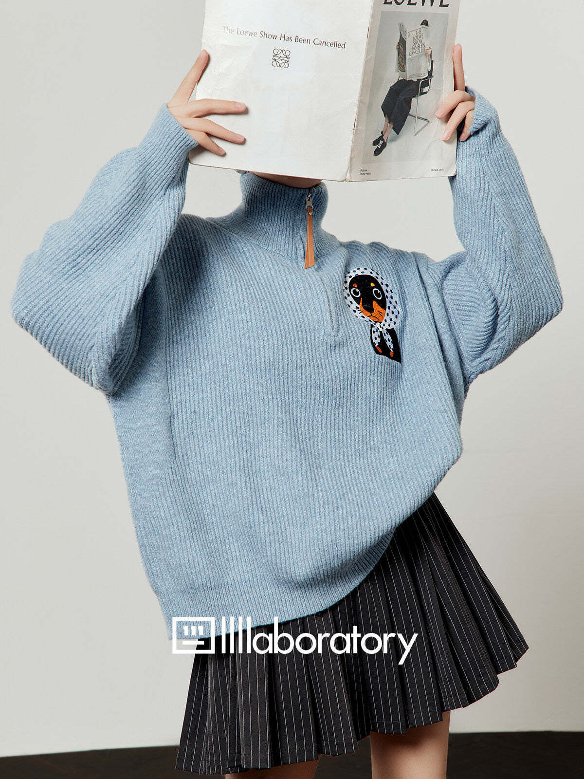 Stand Collar Knit Top / Striped Mini Skirt