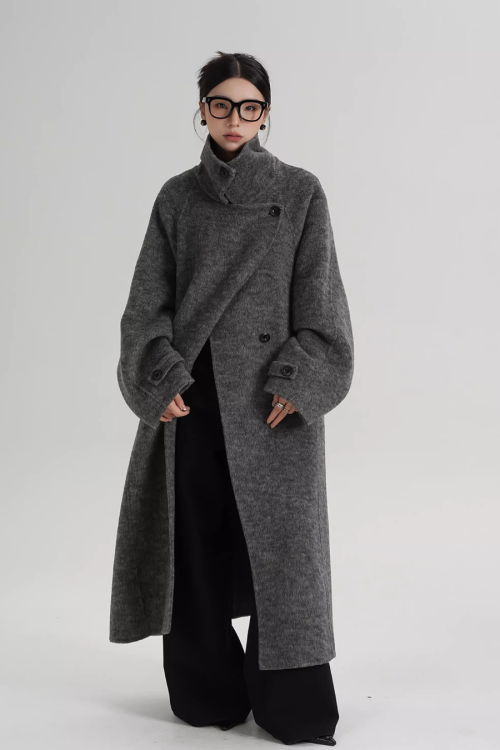 Stand Collar Long Loose Wool Coat
