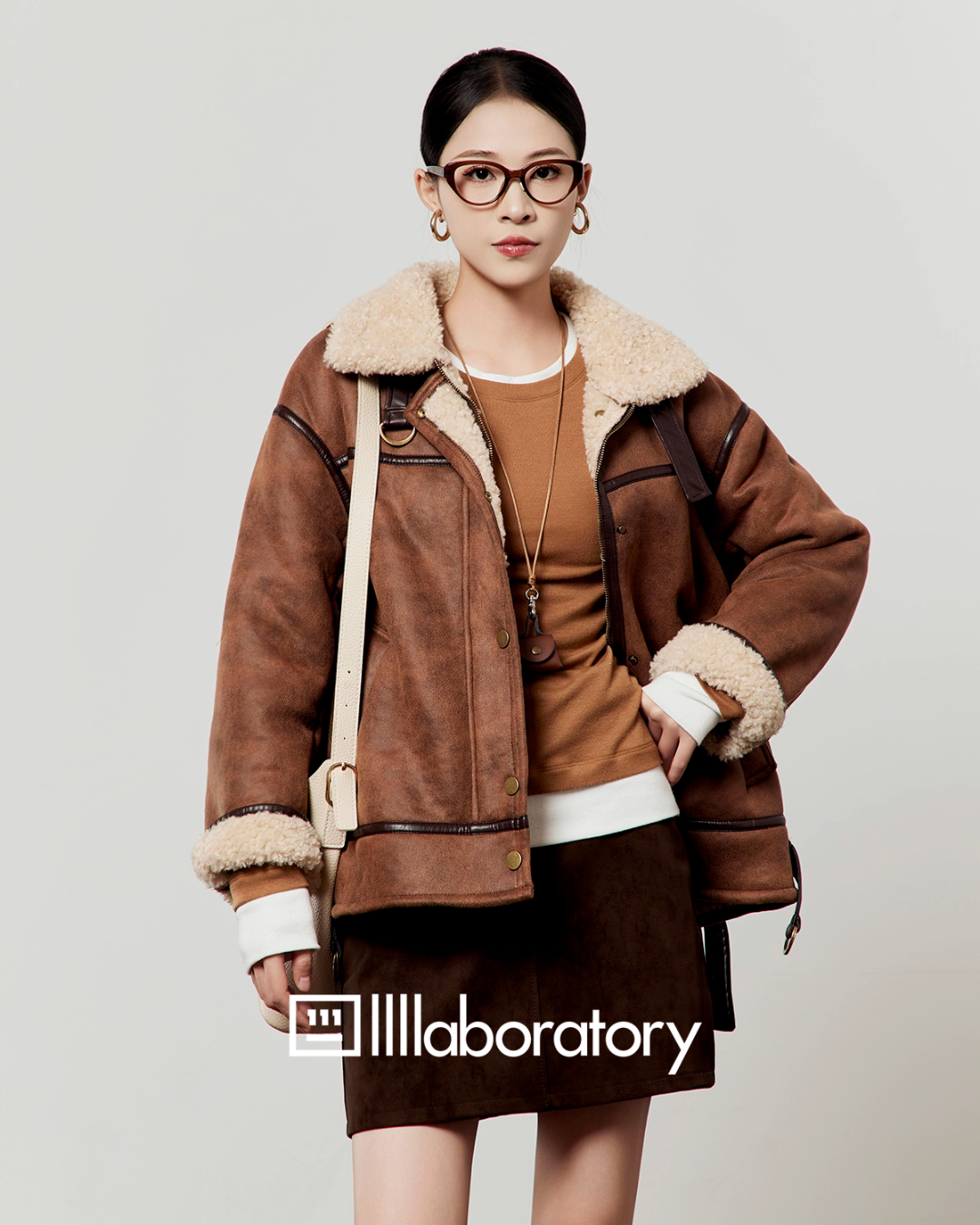 Stand Collar Mouton Jacket / Suede Mini Skirt