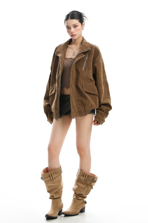 Stand Collar Suede Work Jacket