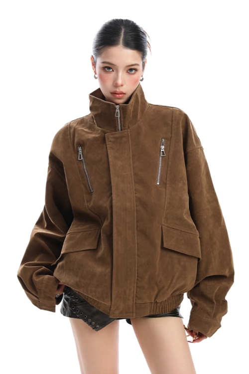 Stand Collar Suede Work Jacket