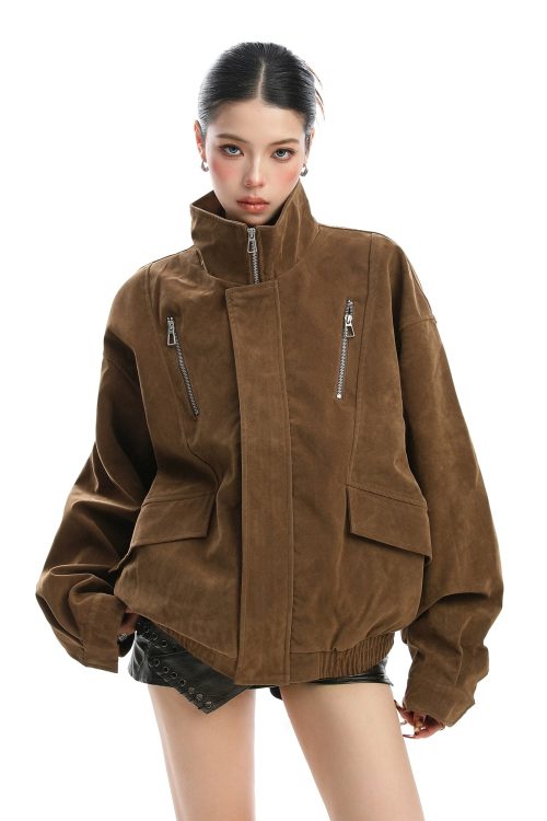 Stand Collar Suede Work Jacket