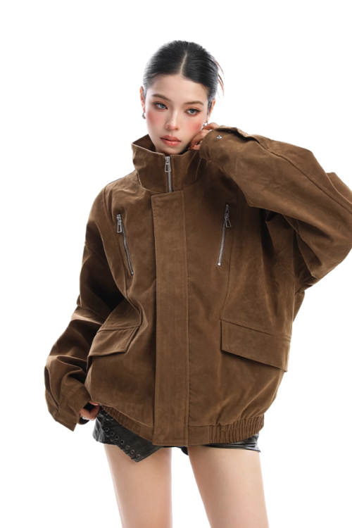 Stand Collar Suede Work Jacket