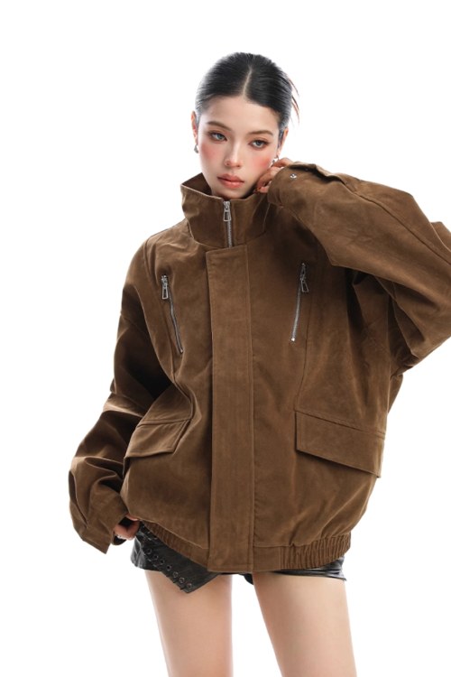 Stand Collar Suede Work Jacket