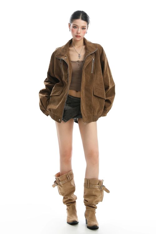 Stand Collar Suede Work Jacket