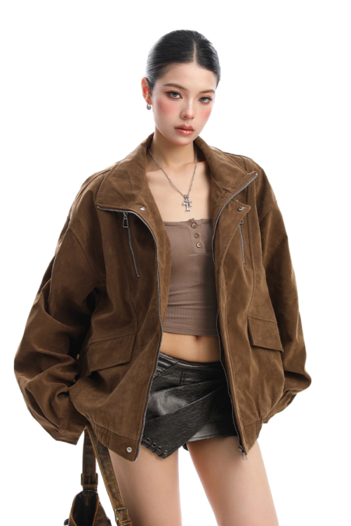 Stand Collar Suede Work Jacket