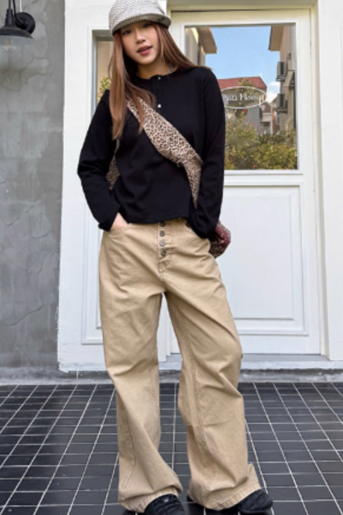 Straight Loose Button Work Pants
