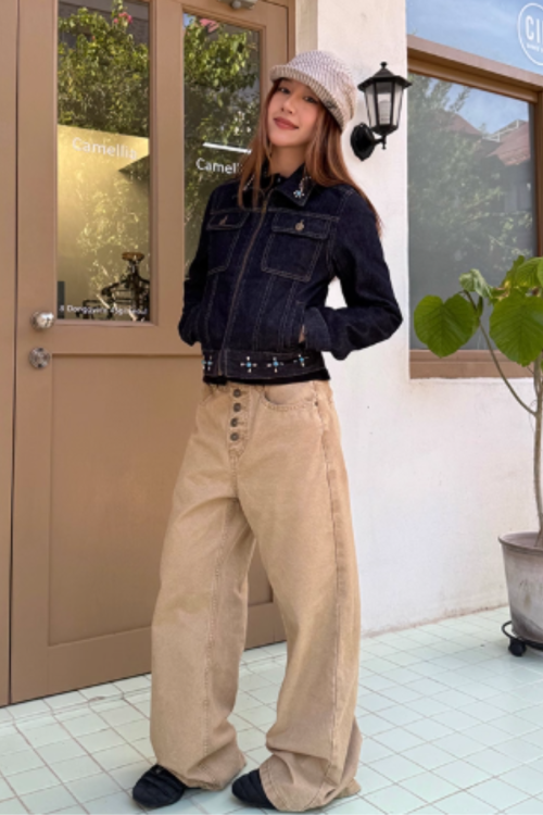 Straight Loose Button Work Pants