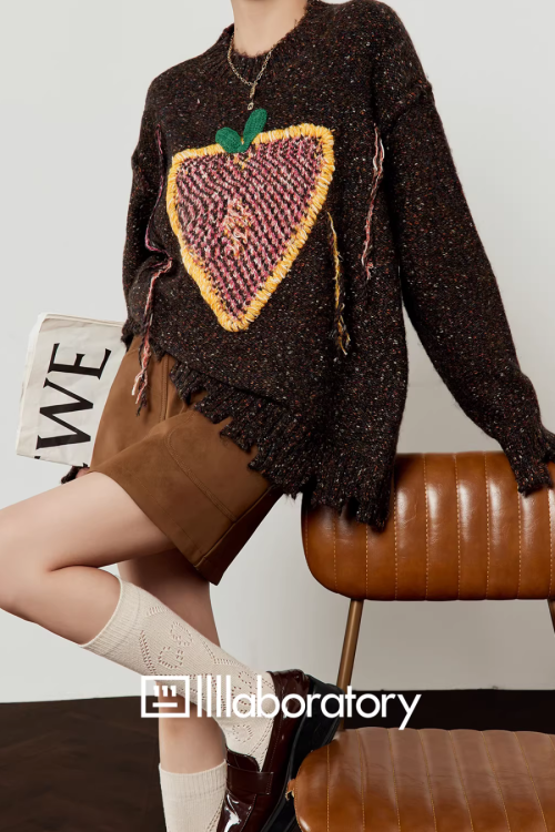 Strawberry Round Neck Knit Top / Brown Mini Skirt