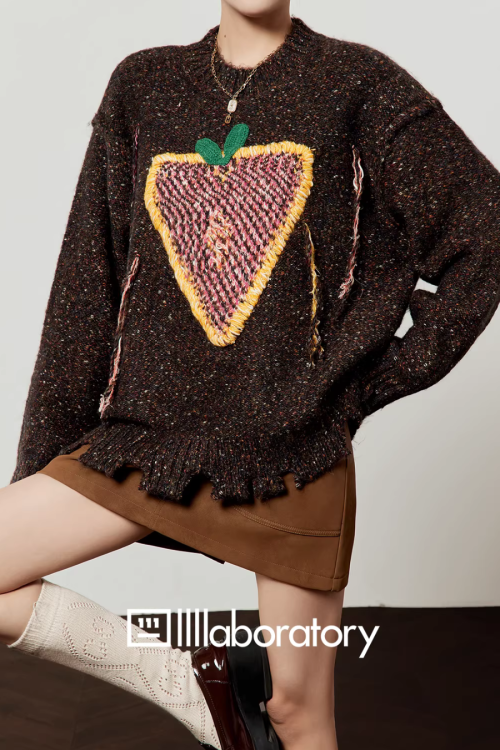 Strawberry Round Neck Knit Top / Brown Mini Skirt