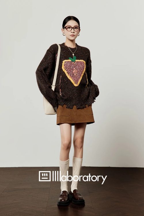 Strawberry Round Neck Knit Top / Brown Mini Skirt