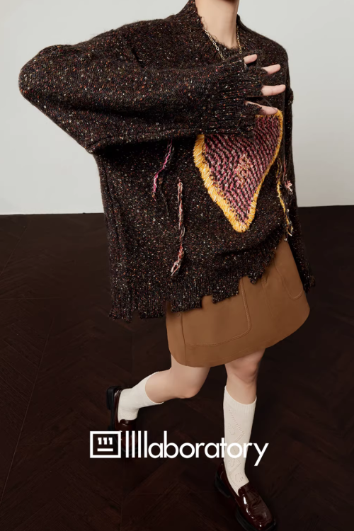 Strawberry Round Neck Knit Top / Brown Mini Skirt