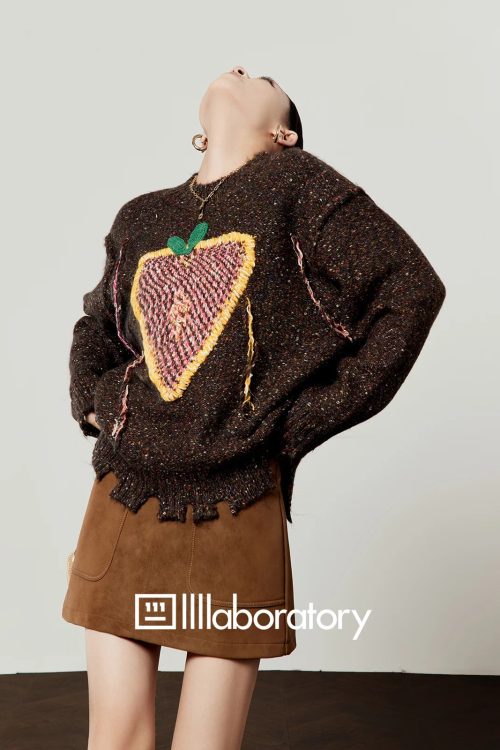 Strawberry Round Neck Knit Top / Brown Mini Skirt