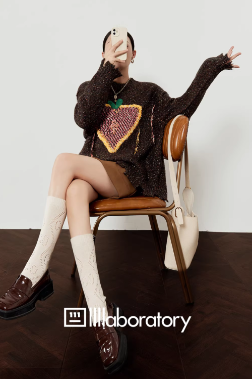 Strawberry Round Neck Knit Top / Brown Mini Skirt