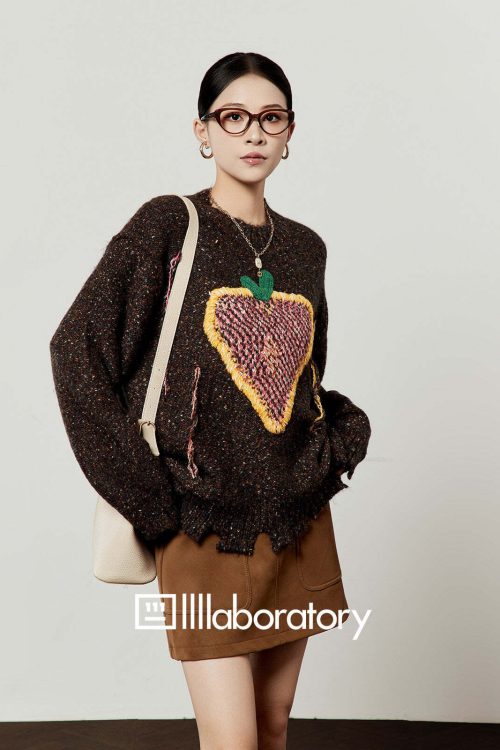 Strawberry Round Neck Knit Top / Brown Mini Skirt