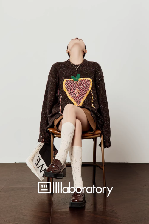 Strawberry Round Neck Knit Top / Brown Mini Skirt