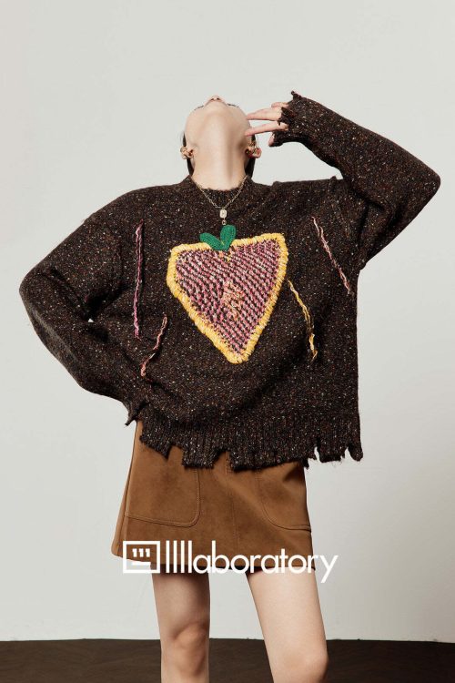 Strawberry Round Neck Knit Top / Brown Mini Skirt