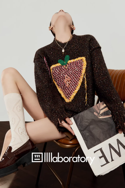 Strawberry Round Neck Knit Top / Brown Mini Skirt