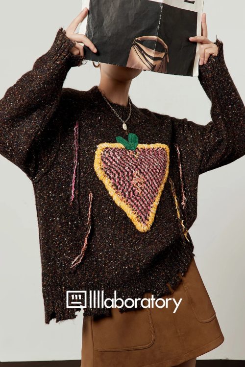 Strawberry Round Neck Knit Top / Brown Mini Skirt
