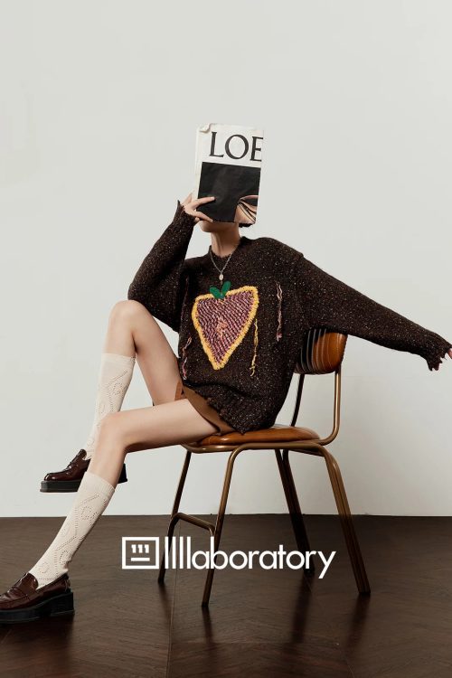 Strawberry Round Neck Knit Top / Brown Mini Skirt