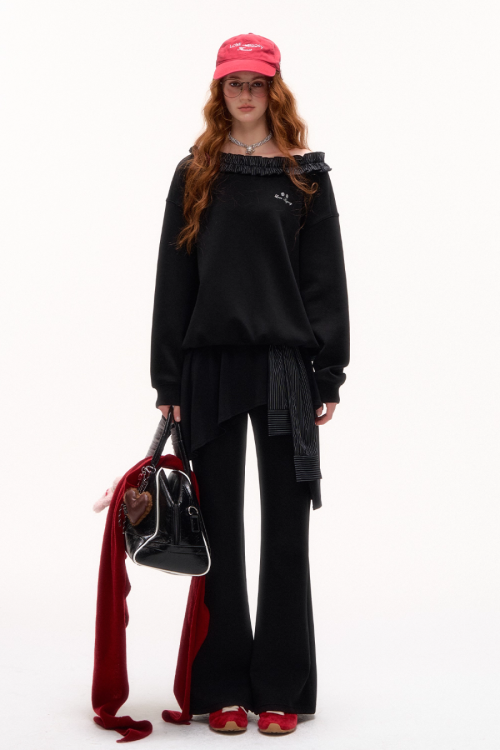 Stripe Lace Frill Off Shoulder Top / Flare Pants
