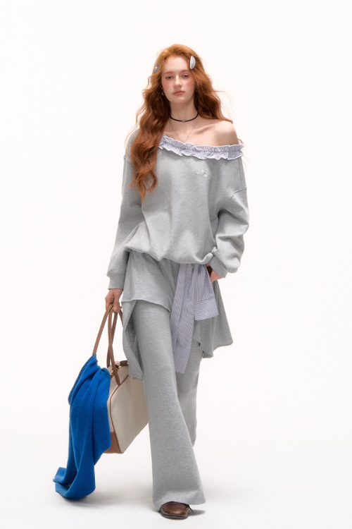 Stripe Lace Frill Off Shoulder Top / Flare Pants