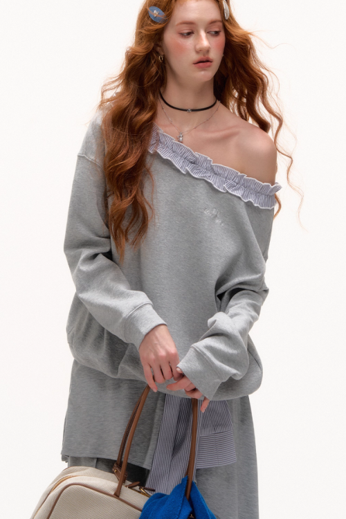 Stripe Lace Frill Off Shoulder Top / Flare Pants
