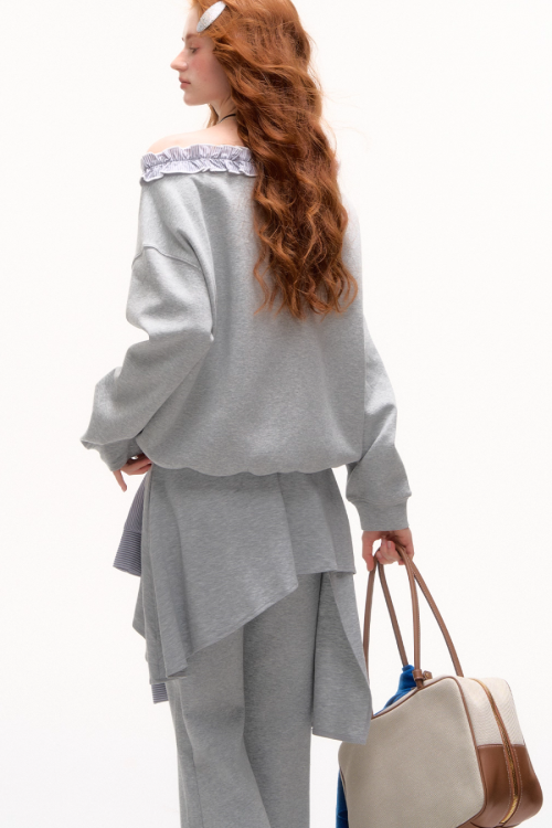 Stripe Lace Frill Off Shoulder Top / Flare Pants