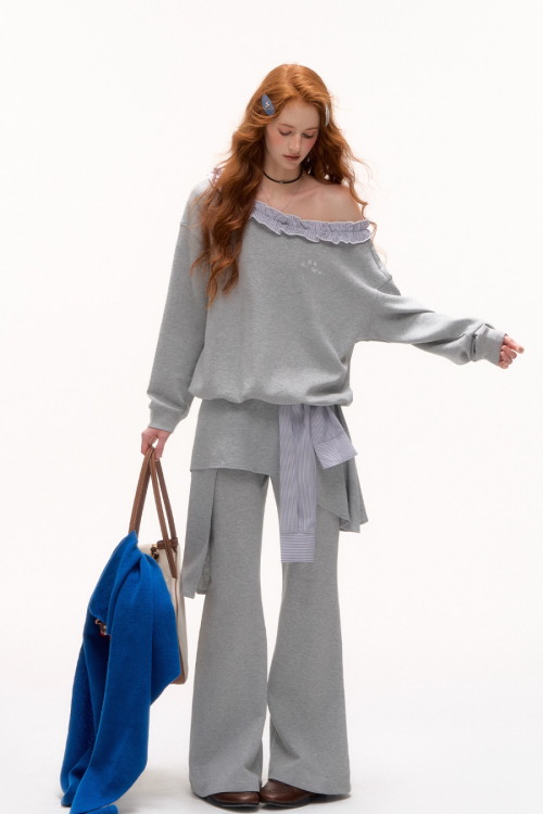 Stripe Lace Frill Off Shoulder Top / Flare Pants