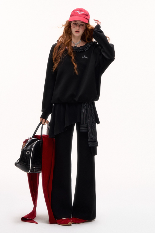 Stripe Lace Frill Off Shoulder Top / Flare Pants