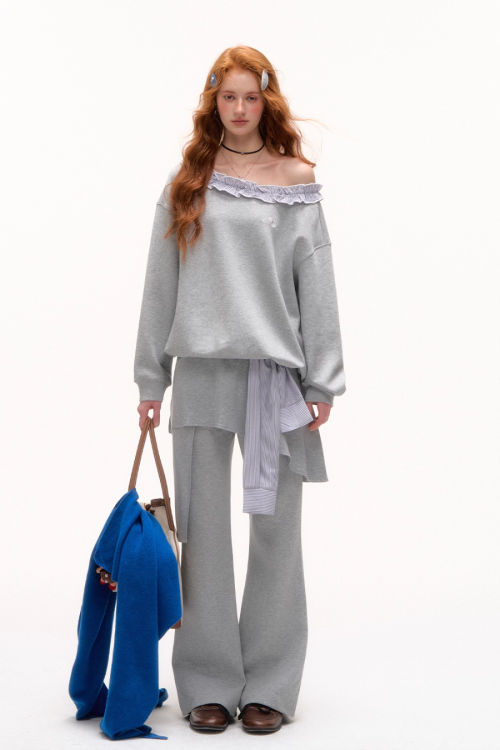 Stripe Lace Frill Off Shoulder Top / Flare Pants