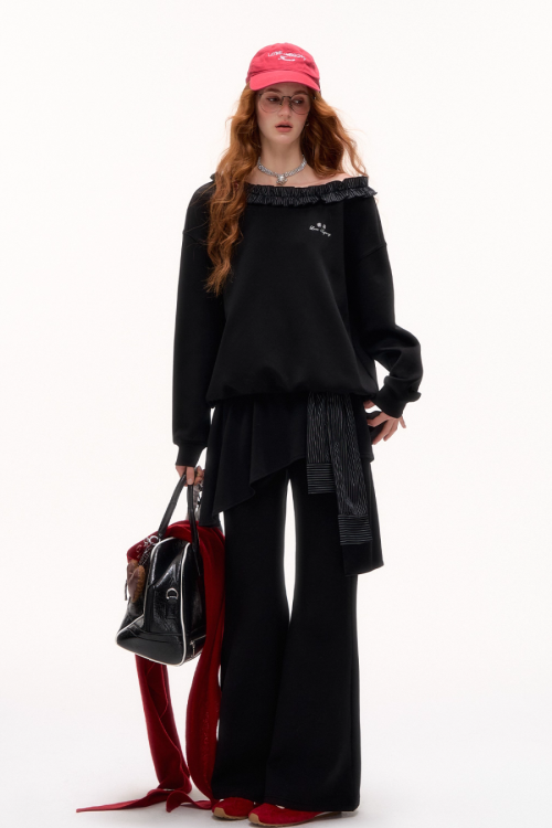 Stripe Lace Frill Off Shoulder Top / Flare Pants