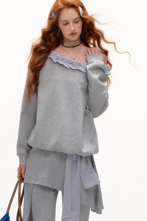 Stripe Lace Frill Off Shoulder Top / Flare Pants