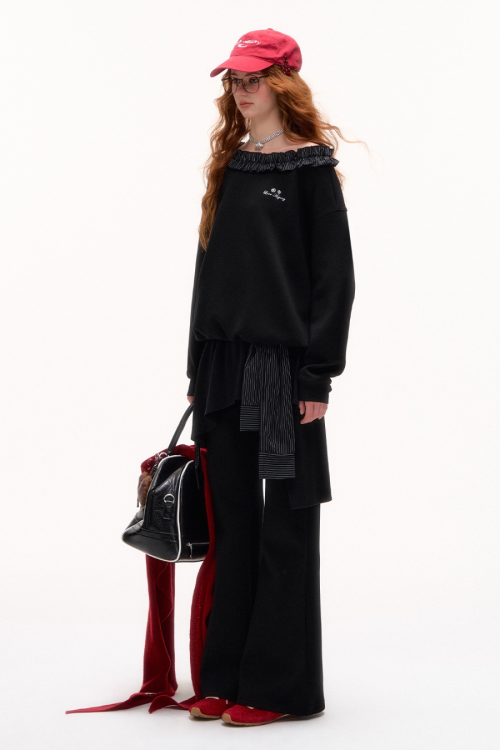 Stripe Lace Frill Off Shoulder Top / Flare Pants