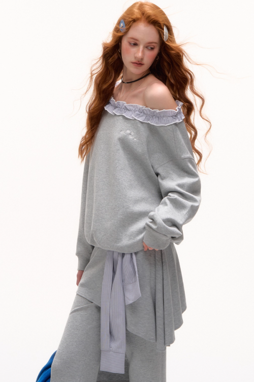 Stripe Lace Frill Off Shoulder Top / Flare Pants
