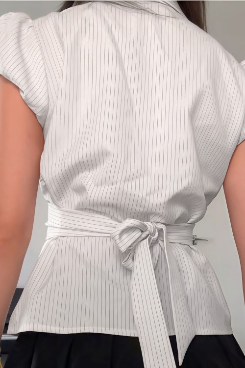 Striped Button Down Shirt Tie Waist Lapel Blouse