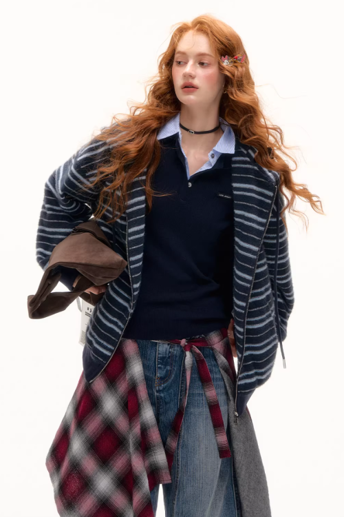 Striped Cat Ear Hoodie / Layered-Style Design Shirt